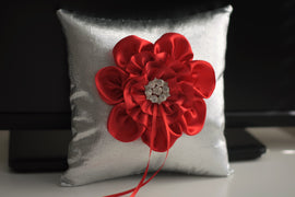 Silver Ring Bearer Pillow \ Red Flower Girl Basket \ Silver Wedding Basket \ Silver Red Wedding Pillow basket Set \ Silver ring holder
