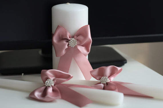 Dusty Rose Unity Candles, Pillar and Stick Wedding Candle, Handmade Bow Unity Candle,  Candles with Ribbon Bow and Brooch