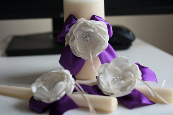 Ivory Plum Unity Candles, Ivory Pillar and Stick Wedding Candle, Egg Plant Handmade Bow Unity Candle, Ribbon Bow, flower + brooch