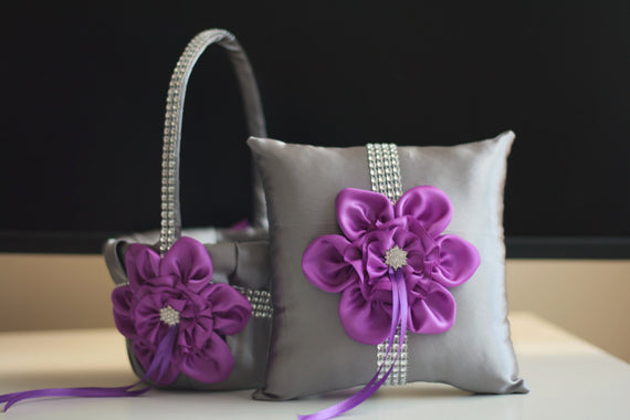 Purple Flower Girl Basket \ Gray Ring Bearer Pillow \ Purple Gray Wedding Basket \ Gray wedding pillow basket set \ Purple Wedding bearer