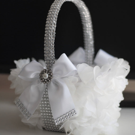 White Flower Girl Basket \ White Wedding Basket \ Silver white wedding petals basket \ Silver Brooch Basket \ Wedding Ceremony Basket