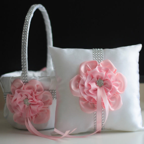 White Pink Bearer Pillow / Pink Flower Girl Basket / White Pink Wedding Basket Pillow Set / Pink Wedding Pillow / Baby pink Bearer Pillow