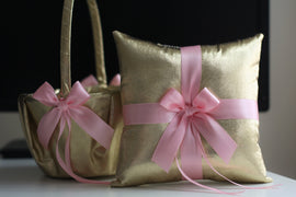 Gold Pink Bearer Pillow, Pink Flower Girl Basket, Gold Ring Bearer Pillow, Gold Wedding Basket, Gatsby Ring Holder, Pink Gold Wedding Pillow