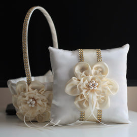 Ivory ring bearer pillow + ivory flower girl basket, gold wedding pillow + Ivory wedding basket, ivory gold pillow basket set, Brooch bearer