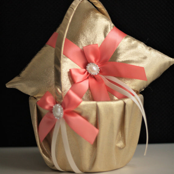 Coral Wedding Basket & Ring Bearer Pillow \ Gold Flower Girl Basket + Coral Wedding Pillow Set \ Gold Ring Bearer \ Coral Pillow basket set