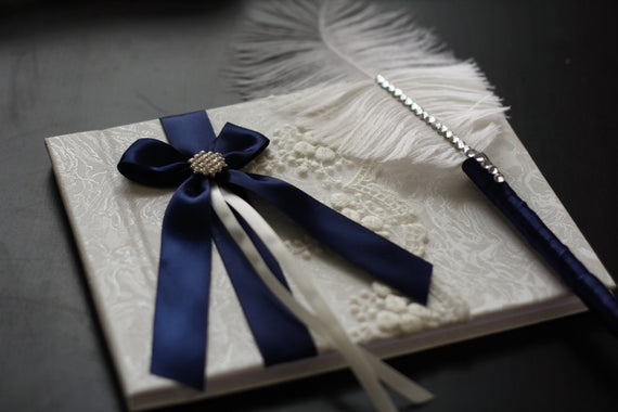 Navy Blue Wedding Guest Book and Pen + Flower Girl Basket + Ring Bearer Pillow + Bridal Garter Set, Sign in Book Ostrich feather Pen