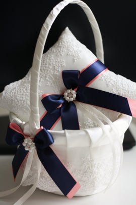 Coral Flower Girl Basket \ Coral Navy Wedding Basket \ Navy Coral Basket \ Lace Coral Basket \ Coral Petals Basket \ Wedding Ceremony Basket