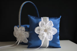 Royal Ring Bearer Pillow \ Blue Flower Girl Basket \ Royal Blue Wedding Pillow Basket Set \ White Blue Basket \ White Blue Bearer Pillow