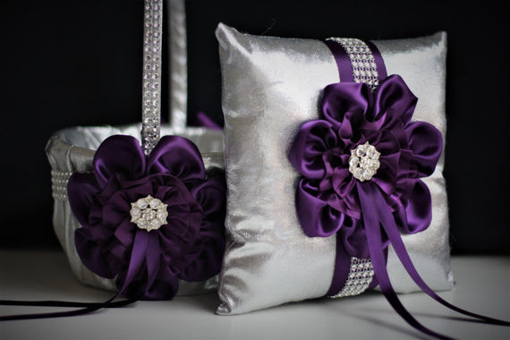 Plum Wedding Basket + Plum Ring Bearer Pillow \ Silver Flower Girl Basket + Silver Wedding Pillow \ Silver Plum Wedding Pillow basket Set