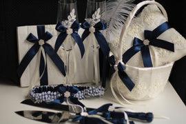 Navy Blue Wedding Basket + Navy Bearer Pillows + Guest Book with Pen + Navy Bridal Garter Set + Champagne glasses + Navy Cake server Set