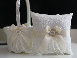 Ivory Wedding Basket \ Lace Wedding Pillow \ Cream Flower Girl Basket \ Ivory Ring bearer Pillow \ Beige Wedding Pillow Basket Set
