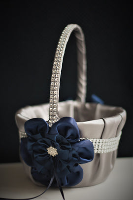 Flower Girl Basket Navy Wedding Basket Navy Gray Wedding Basket Gray Flower Girl Navy Basket Pillow Set Navy Petal Basket Ring Bearer Pillow