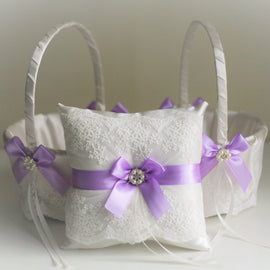 Violet Wedding Bearer Pillow \ Violet Flower Girl Basket \ Wedding Ring Holder \ Lace Wedding Basket \ Purple Wedding Basket Pillow Set