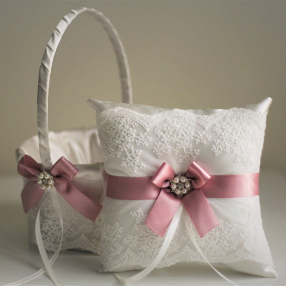 Mauve Flower Girl Baskets / Mauve Ring Bearer Pillows / Lace Wedding Pillows / Lace Wedding Baskets / Dusty Rose Bearer / Lace Ring Cushion