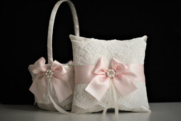 Pink Flower Girl Basket, Pink Ring Bearer Pillow, Wedding Ring Pillow, Pink Wedding Basket, Pink Wedding Pillow Basket Set, Blush Bearer