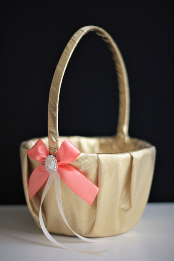 Coral Gold Wedding Basket / Coral flower girl basket / Gold Wedding Pillow Basket Set \ Coral Gold Basket for Petals / Coral gold bearer