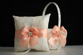 Peach Flower Girl Basket \ Peach Ring bearer Pillow \ Peach Wedding Basket, Peach Wedding Pillow, Peach Lace Bearer, Peach Pillow Basket Set