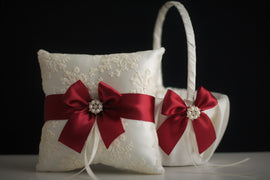 Burgundy Ring Bearer \ Ivory Flower Girl Basket \ Maroon Wedding Pillow, Burgundy Wedding Basket Pillow Set, Ivory Lace Bearer, Red Basket