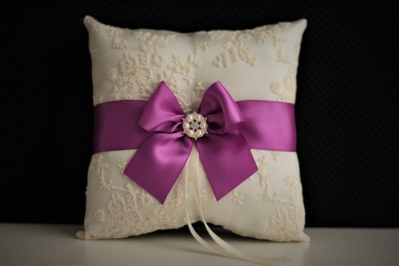 Ivory & Purple Wedding Ring Bearer \ Purple Ring Pillow + Wedding Flower Girl Basket Set \ Ivory Lace Throw Pillow with Wedding basket Set