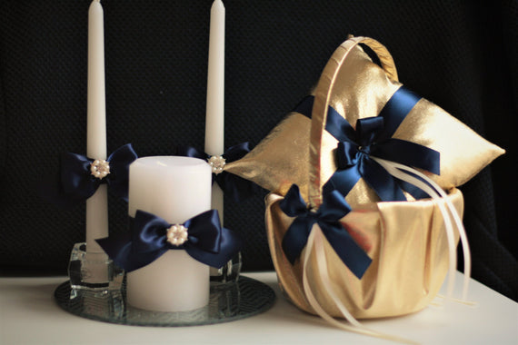 Gold Navy wedding basket + Gold Ring Bearer Pillow + Navy unity candles \ Navy Wedding Candles \ Navy flower Girl Basket \ Navy Ring Holder