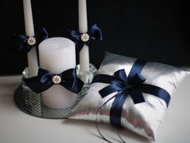 Silver Navy Ring Bearer Pillow + Flower Girl Basket + Unity candles \ Silvet Navy Wedding Candles + Wedding Basket & Ring Holder Pillow Set