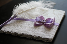 Purple & White SignIn Book and Ostrich Feather Violet Pen \ Wedding Guest Books with Pen Set \ Reception Journal \ Empty pages guest book