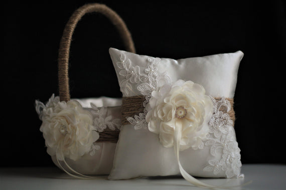 Rustic Flower Girl Basket, Burlap Ring Bearer Pillow \ Rustic Wedding Basket & Ivory Rustic Bearer Pillow, Rustic wedding pillow basket set