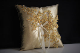 Gold Ring Bearer Pillow \ Gold Wedding Pillow, Lace Ring Holder, Gold Lace Bearer, Gatsby Wedding Basket, Gold Flower Girl Basket Pillow Set
