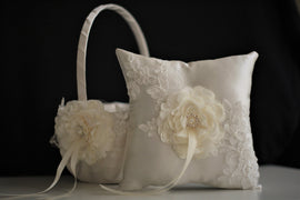 Flower girl Basket / Wedding Ring Bearer Pillow Set Ivory Lace + Ivory Guest Book + Unity Candles & Champagne Glasses + Cake Serving Set