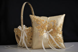 Gold Ring Bearer Pillow + Gold Wedding Basket \ Gold Flower Girl Basket \ Gold Lace bearer pillow \ Lace wedding basket pillow set