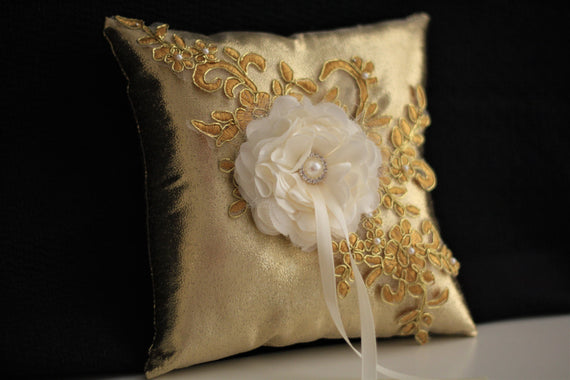 Gold Ring Bearer Pillow / Gold Flower Girl Basket \ Gold Wedding Pillow / Gold Wedding Basket / Gold Lace Bearer Pillow / Bearer with flower
