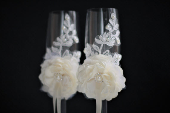 Wedding Glasses for Champagne \ Ivory Champagne Flutes + Flower girl Basket & ivory Ring Bearer Pillow / Lace Ring Bearer + Ivory Guest Book