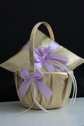 Gold Violet Ring bearer Pillow \ Gold Lilac Basket Pillow Set \ Gold Violet Wedding Basket \ Violet Flower Girl Basket \ Gold Wedding Pillow