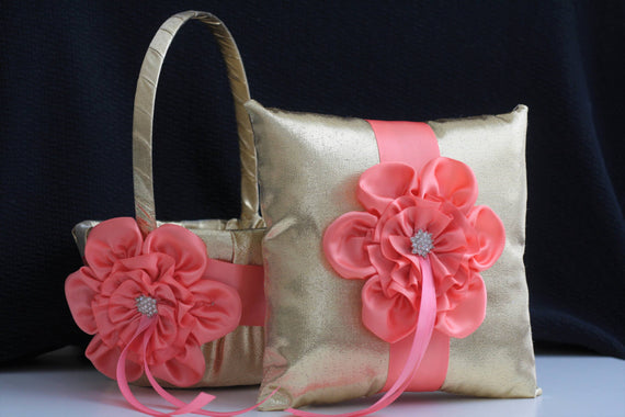 Coral Gold Basket / Coral Wedding Basket / Coral Flower Girl Basket / Coral Gold Bearer Pillow Gold Ring Bearer Pillow Coral Petals Basket