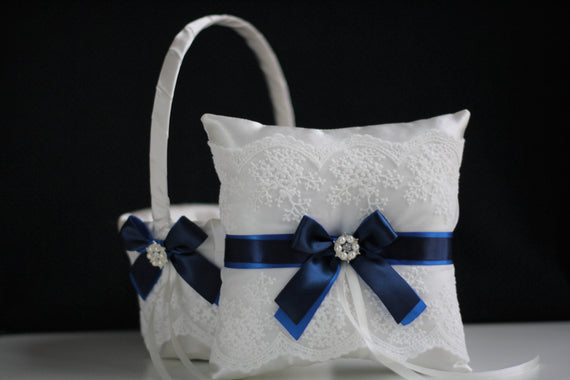 Royal Navy Wedding Basket \ Royal Navy Bearer Pillow \ Blue Flower Girl Basket \ Blue Wedding Pillow Basket Set \ Royal Navy Basket