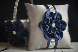 Gray Navy Wedding Basket + Navy Ring Bearer Pillow \ Navy Flower Girl Basket + Gray Navy Bearer \ Navy Wedding Pillow \ Navy Blue Basket