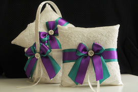 Purple Teal Wedding basket / Teal purple bearer pillow ivory / Teal flower girl basket / teal ring bearer / teal lace bearer basket set