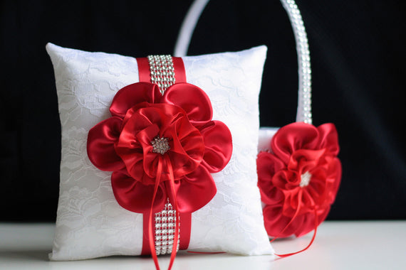 Red flower girl basket / Red wedding pillow / Lace ring pillow / White pillow basket set / Red Ring Bearer Pillow / White Red Wedding Basket