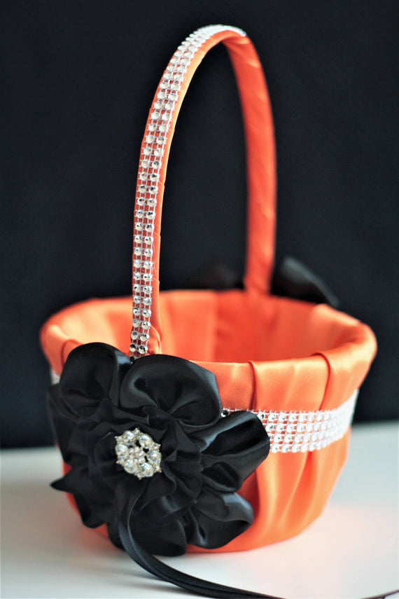 Orange Black Wedding Basket / Orange Flower Girl Basket Pillow Set / Orange Ring Bearer Pillow / Orange Wedding Basket / Rhinestone Basket