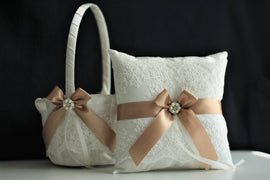 Brown Flower Girl Basket / Brown Wedding Bearer / Brown Ring Pillow Lace Ring Holder Brown Wedding Basket Pillow Set Lace ring Bearer pillow