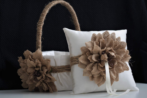 Rustic Ring Bearer Pillow / Rustic Flower Girl Basket / Burlap Flower Basket / Burlap Ring Pillow / Rustic Wedding Basket Pillow Set