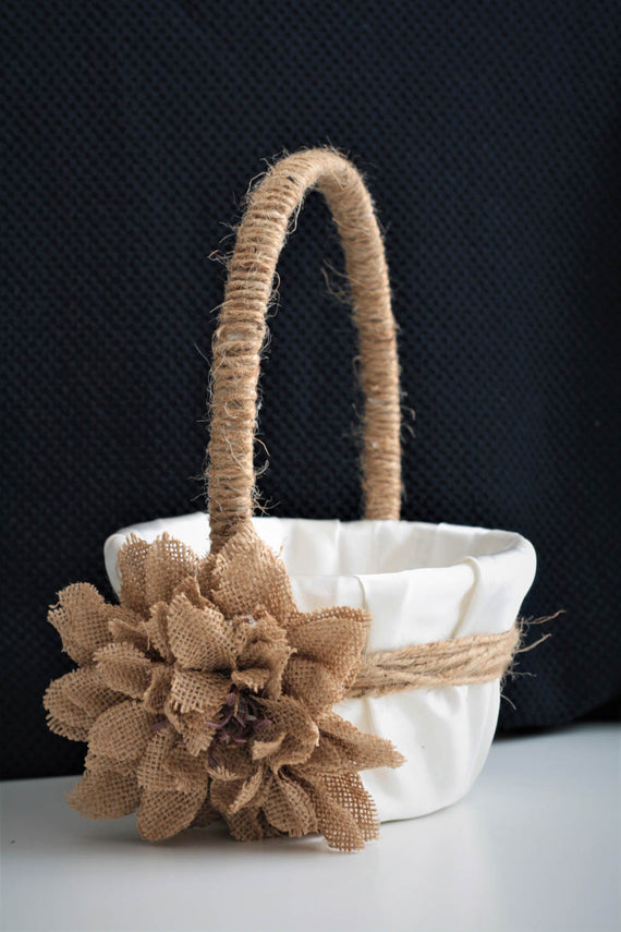 Rustic Wedding Basket / Rustic Flower Girl Basket / Shabby Chic Basket / Burlap Wedding Basket Pillow Set / Rustic Ring Bearer Pillow