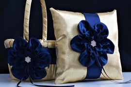 Dark Blue basket Gold Navy Bearer Navy Gold Bearer Pillow Gold Ring Bearer Basket Set Gold Cushion Pillow Navy Gold Basket for petals