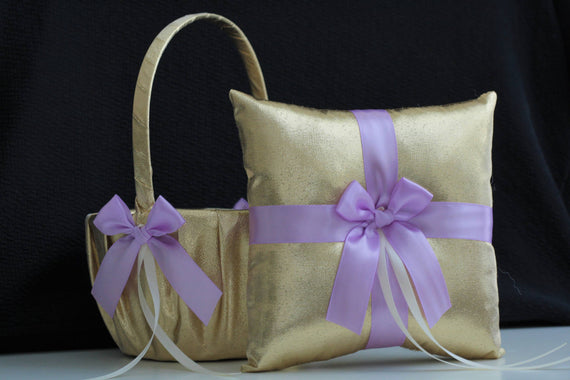 Gold Wedding Basket \ Gold Violet Pillow \ Gold Lilac Basket \ Gold Lilac flower Girl Basket \ Gold Violet Ring Bearer Pillow basket Set