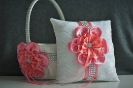 Coral Ring Bearer / Coral Flower Girl Basket / Ivory Coral Wedding Pillow / Coral Wedding Basket Coral Wedding Ring Holder Basket for Petals