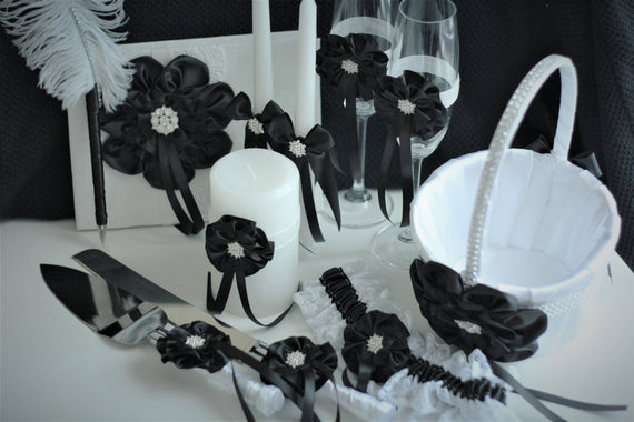 White Black Wedding / Black Flower Girl Basket / Black Ring Bearer Pillow / Black Guest Book / Black unity candles / Black Cake Serving Set