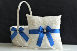 Royal Blue Bearer / Blue Wedding basket / Blue Ring bearer pillow / Royal blue basket / Blue flower girl basket Ivory blue pillow basket set