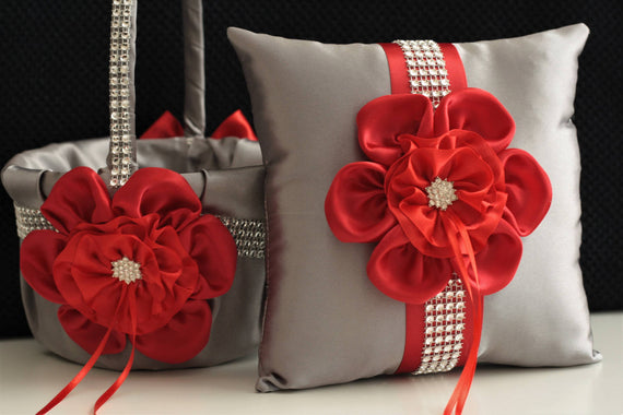 Gray Red Wedding Basket / Gray Red Bearer / Gray Red Basket / Red Gray Flower Girl Basket / Red Ring Bearer Pillow / Gray Pillow Basket Set