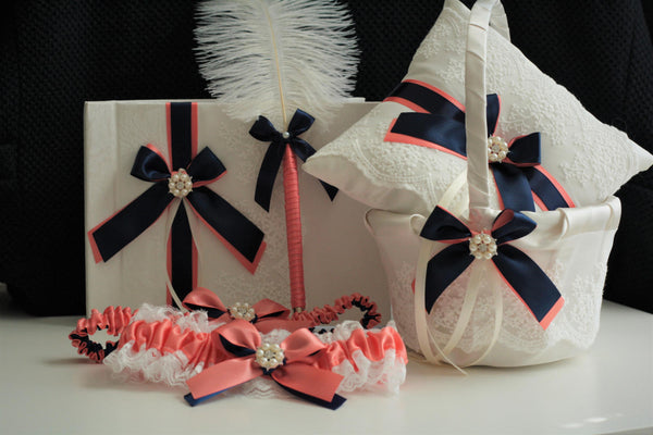 Coral Navy Wedding Bearer \ Coral Navy Flower Girl Basket \ Coral Navy Guest Book with Pen \ Coral Navy Garter Set, Coral Ring Bearer Pillow