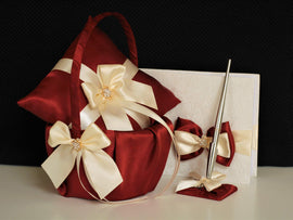 Dark Red Bearer / Burgundy Ring Pillow / Burgundy Basket / Red Flower Girl Basket / Burgundy Bearer / Ivory red Basket / Guest Book with Pen